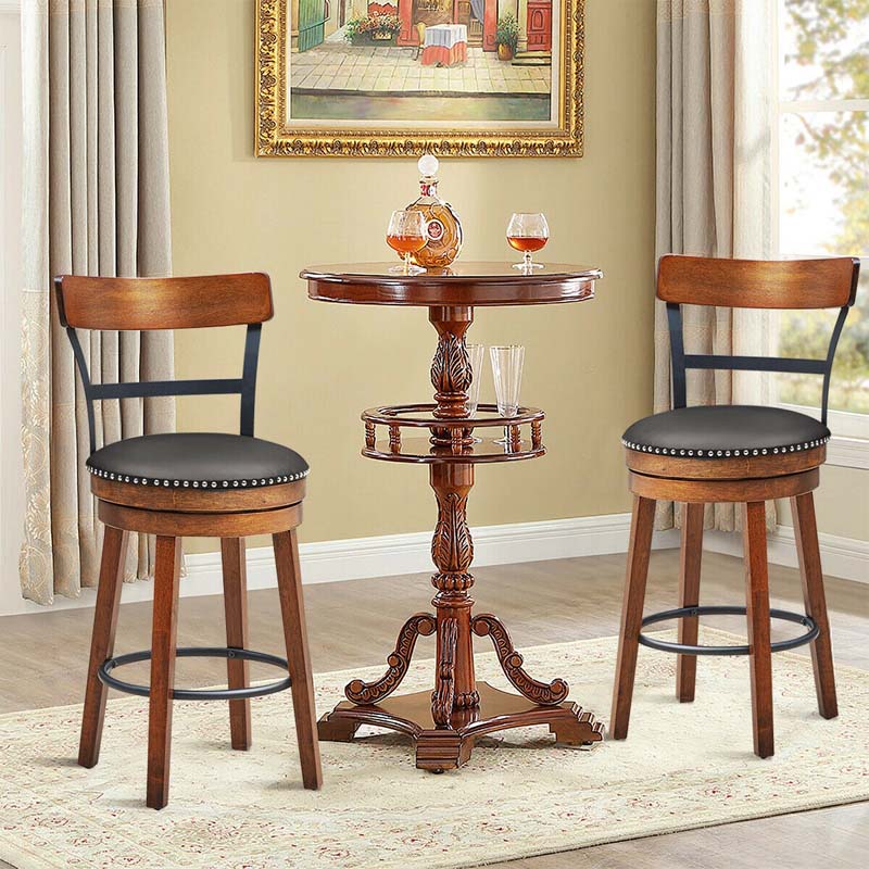 25.5" Wooden Swivel Bar Stools Set of 2 with Back & Leather Padded Seat, Upholstered Counter Height Bar Chairs for Kitchen Island, Pub, Restaurant