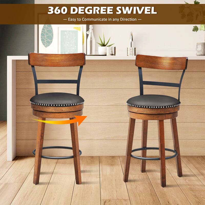25.5" Wooden Swivel Bar Stools Set of 2 with Back & Leather Padded Seat, Upholstered Counter Height Bar Chairs for Kitchen Island, Pub, Restaurant
