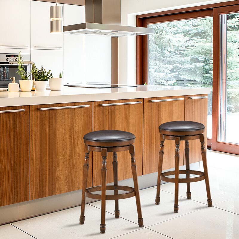 29" Swivel Bar Stools Set of 2, Solid Wood Bar Height Dining Chairs with Faux Leather Padded Seat & Footrest for Kitchen Island, Pub, Cafe