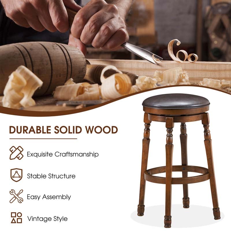 29" Swivel Bar Stools Set of 2, Solid Wood Bar Height Dining Chairs with Faux Leather Padded Seat & Footrest for Kitchen Island, Pub, Cafe