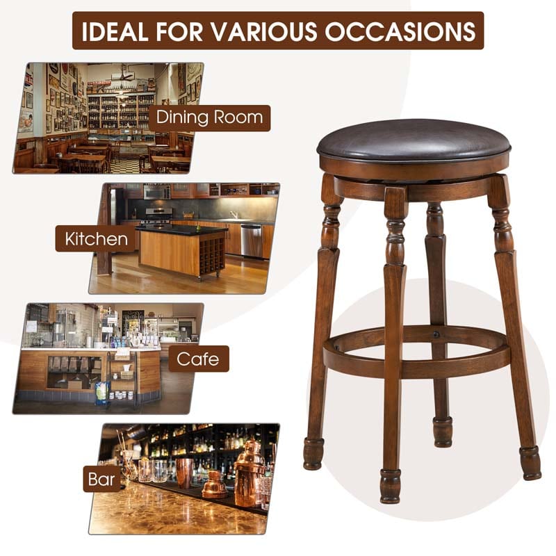 29" Swivel Bar Stools Set of 2, Solid Wood Bar Height Dining Chairs with Faux Leather Padded Seat & Footrest for Kitchen Island, Pub, Cafe