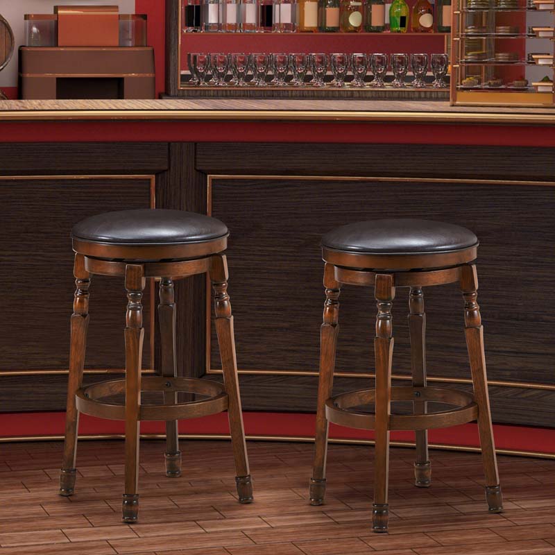 29" Swivel Bar Stools Set of 2, Solid Wood Bar Height Dining Chairs with Faux Leather Padded Seat & Footrest for Kitchen Island, Pub, Cafe