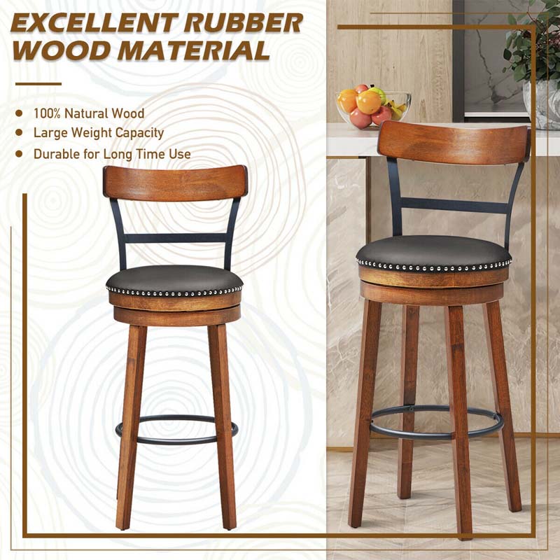 30.5" Wooden Swivel Bar Stools Set of 2 with Back & Leather Padded Seat, Upholstered Bar Height Dining Chairs for Kitchen Island, Pub, Restaurant
