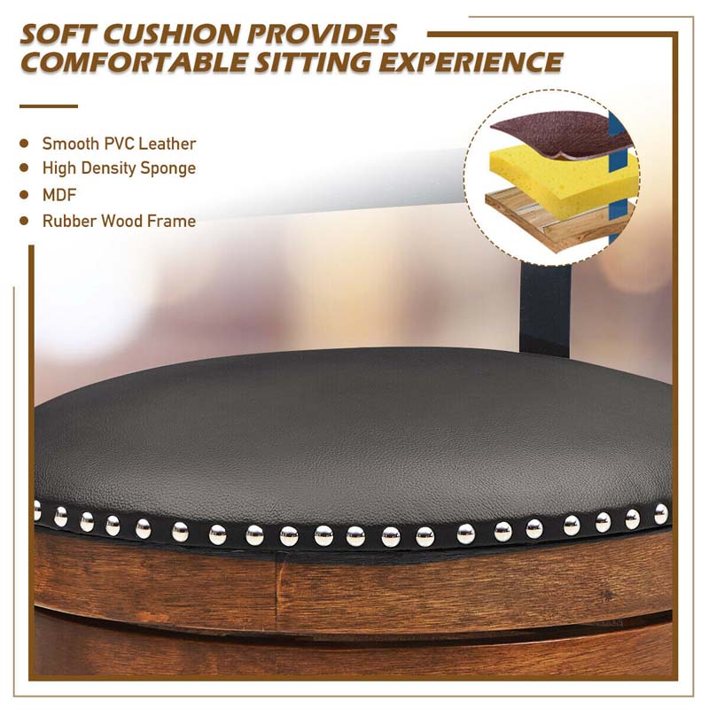 30.5" Wooden Swivel Bar Stools Set of 2 with Back & Leather Padded Seat, Upholstered Bar Height Dining Chairs for Kitchen Island, Pub, Restaurant