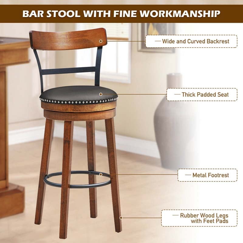 30.5" Wooden Swivel Bar Stools Set of 2 with Back & Leather Padded Seat, Upholstered Bar Height Dining Chairs for Kitchen Island, Pub, Restaurant