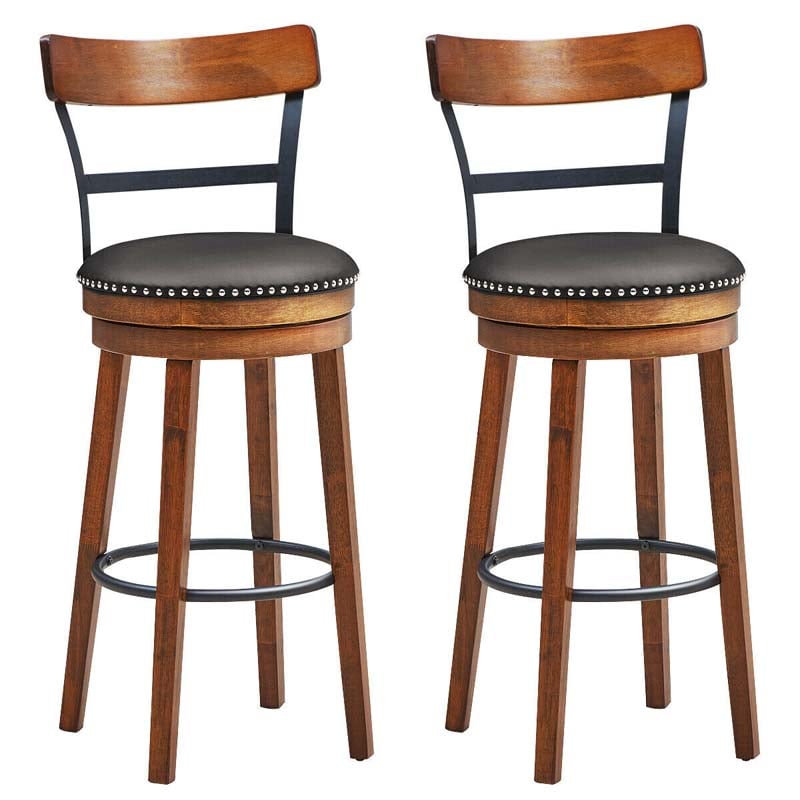 30.5" Wooden Swivel Bar Stools Set of 2 with Back & Leather Padded Seat, Upholstered Bar Height Dining Chairs for Kitchen Island, Pub, Restaurant