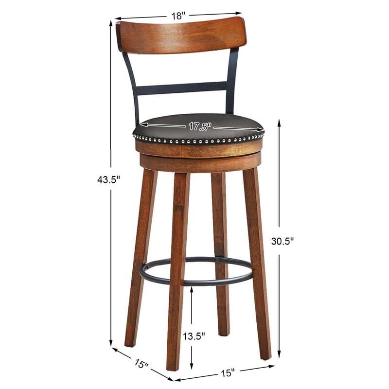 30.5" Wooden Swivel Bar Stools Set of 2 with Back & Leather Padded Seat, Upholstered Bar Height Dining Chairs for Kitchen Island, Pub, Restaurant