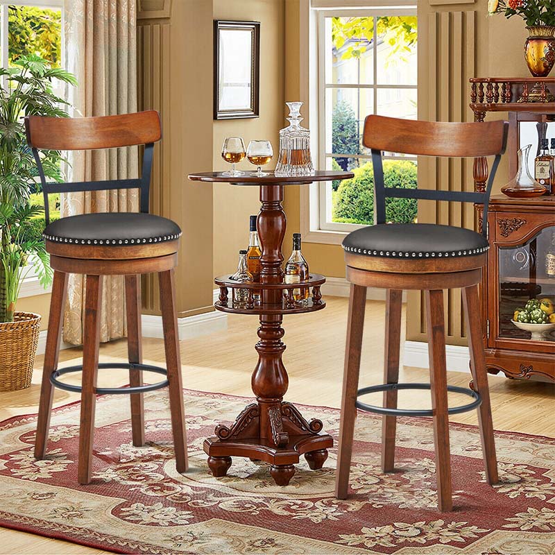 30.5" Wooden Swivel Bar Stools Set of 2 with Back & Leather Padded Seat, Upholstered Bar Height Dining Chairs for Kitchen Island, Pub, Restaurant