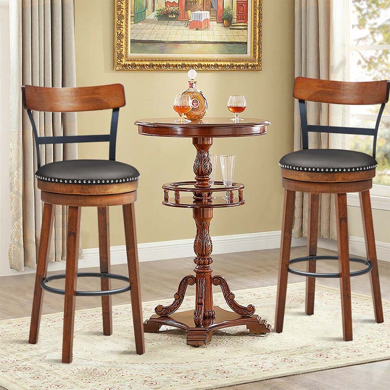 30.5" Wooden Swivel Bar Stools Set of 2 with Back & Leather Padded Seat, Upholstered Bar Height Dining Chairs for Kitchen Island, Pub, Restaurant