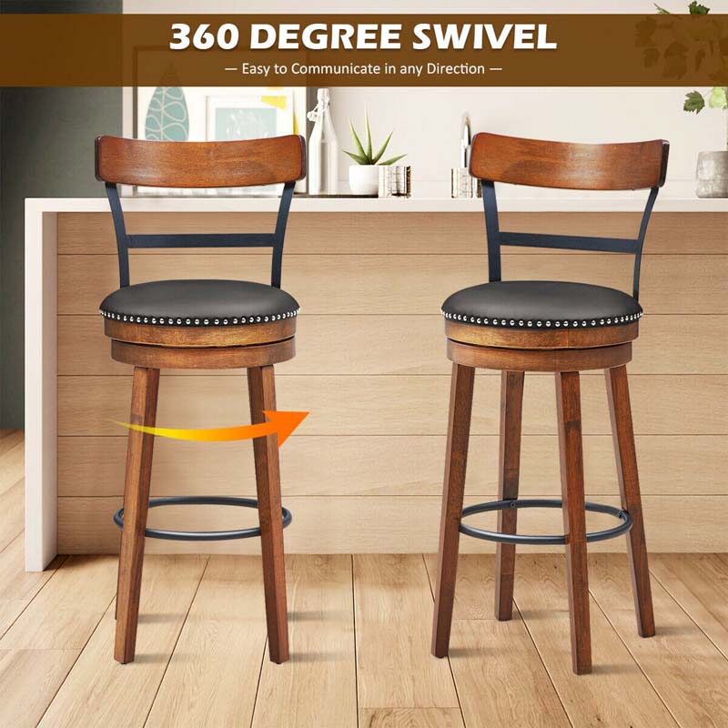 30.5" Wooden Swivel Bar Stools Set of 2 with Back & Leather Padded Seat, Upholstered Bar Height Dining Chairs for Kitchen Island, Pub, Restaurant