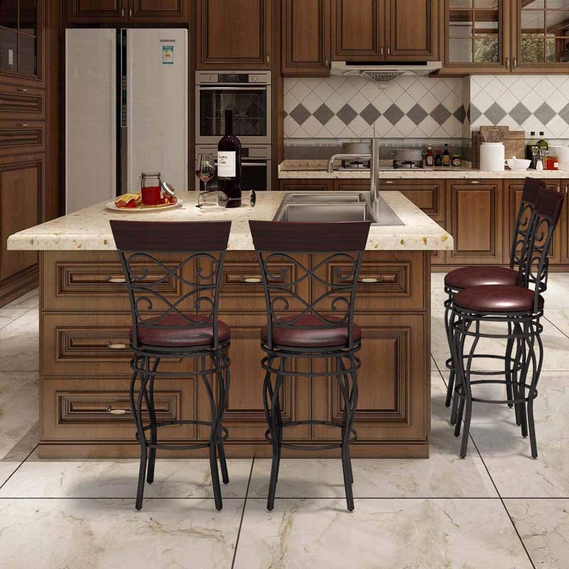30" Swivel Metal Bar Stools Set of 2, Vintage Upholstered Bar Height Dining Chairs with Back & PU Leather Padded Seat for Pub, Kitchen Island