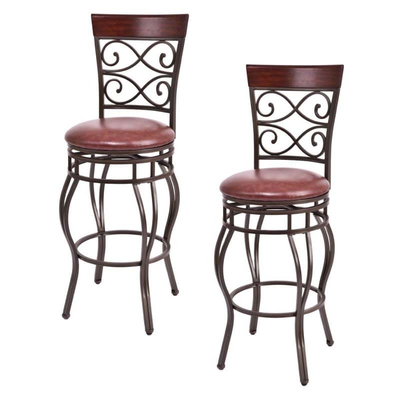 30" Swivel Metal Bar Stools Set of 2, Vintage Upholstered Bar Height Dining Chairs with Back & PU Leather Padded Seat for Pub, Kitchen Island