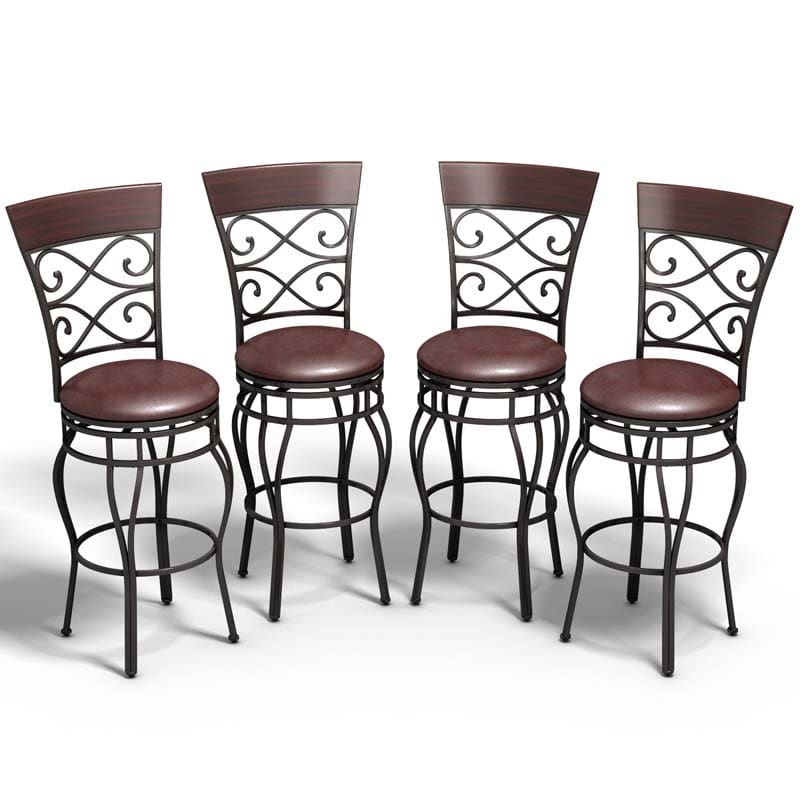 30" Swivel Metal Bar Stools Set of 2, Vintage Upholstered Bar Height Dining Chairs with Back & PU Leather Padded Seat for Pub, Kitchen Island