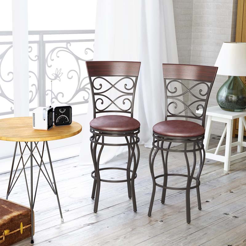 30" Swivel Metal Bar Stools Set of 2, Vintage Upholstered Bar Height Dining Chairs with Back & PU Leather Padded Seat for Pub, Kitchen Island