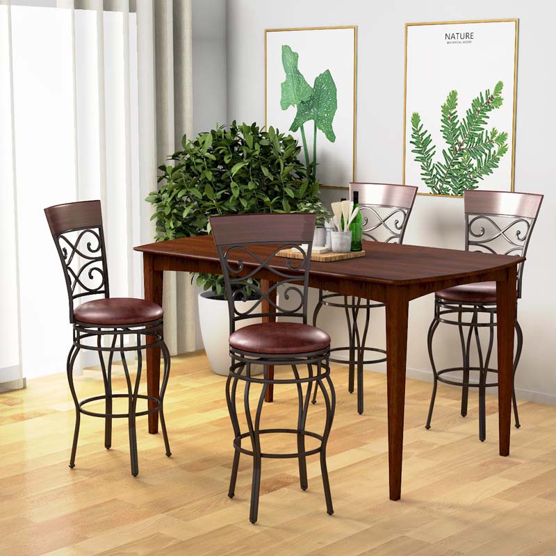 30" Swivel Metal Bar Stools Set of 2, Vintage Upholstered Bar Height Dining Chairs with Back & PU Leather Padded Seat for Pub, Kitchen Island
