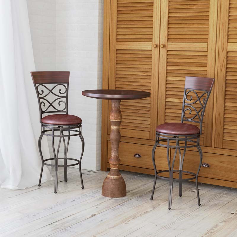 30" Swivel Metal Bar Stools Set of 2, Vintage Upholstered Bar Height Dining Chairs with Back & PU Leather Padded Seat for Pub, Kitchen Island