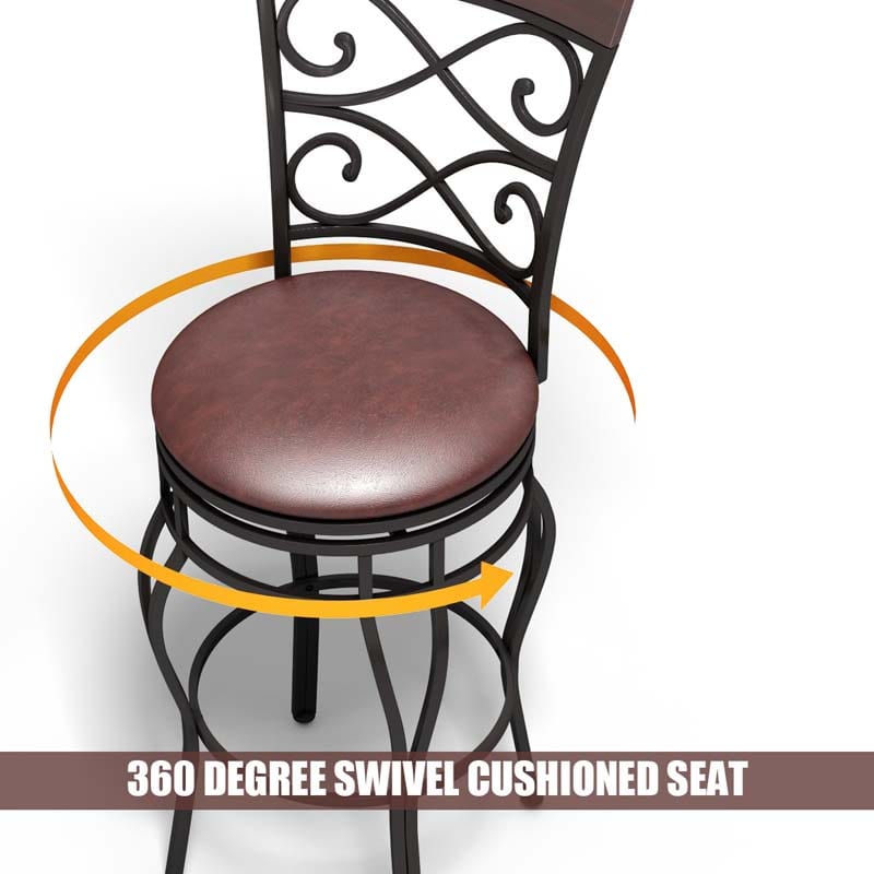 30" Swivel Metal Bar Stools Set of 2, Vintage Upholstered Bar Height Dining Chairs with Back & PU Leather Padded Seat for Pub, Kitchen Island