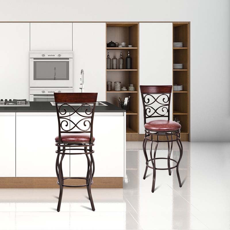 30" Swivel Metal Bar Stools Set of 2, Vintage Upholstered Bar Height Dining Chairs with Back & PU Leather Padded Seat for Pub, Kitchen Island