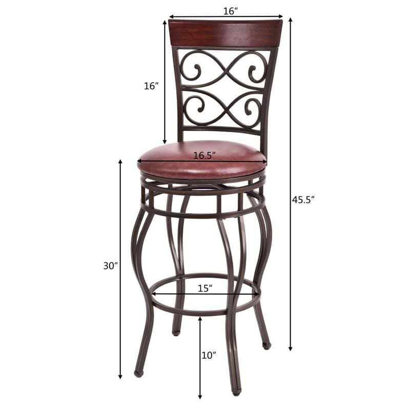 30" Swivel Metal Bar Stools Set of 2, Vintage Upholstered Bar Height Dining Chairs with Back & PU Leather Padded Seat for Pub, Kitchen Island