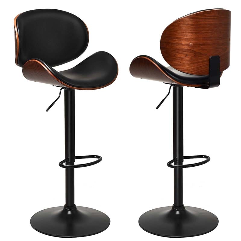 Set of 2 Adjustable Swivel PU Leather Bar Stools Counter Height Dining Chairs with Iron Base & Curved Footrest