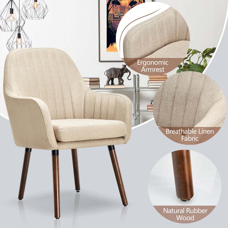 Set of 2 Fabric Dining Chairs, Accent Upholstered Arm Chair with Rubber Wood Legs & Thick Sponge Seat for Dining Room, Living Room, Bedroom
