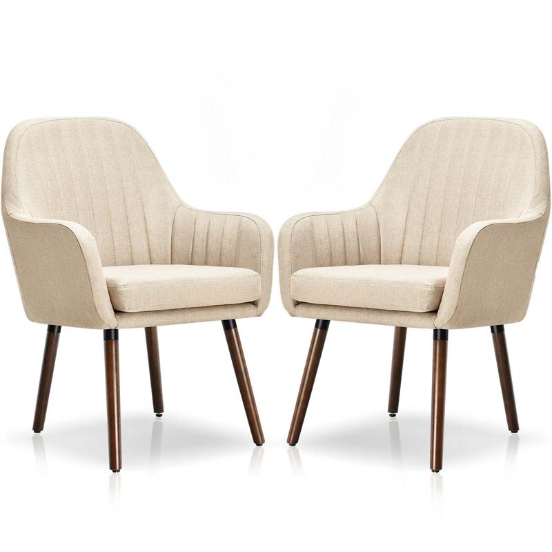 Set of 2 Fabric Dining Chairs, Accent Upholstered Arm Chair with Rubber Wood Legs & Thick Sponge Seat for Dining Room, Living Room, Bedroom