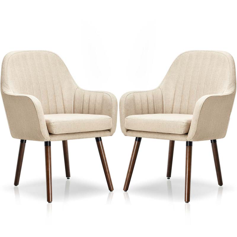 Set of 2 Fabric Dining Chairs, Accent Upholstered Arm Chair with Rubber Wood Legs, Thick Sponge Seat