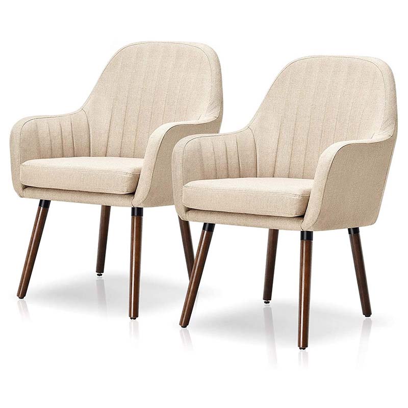 Set of 2 Fabric Dining Chairs, Accent Upholstered Arm Chair with Rubber Wood Legs & Thick Sponge Seat for Dining Room, Living Room, Bedroom