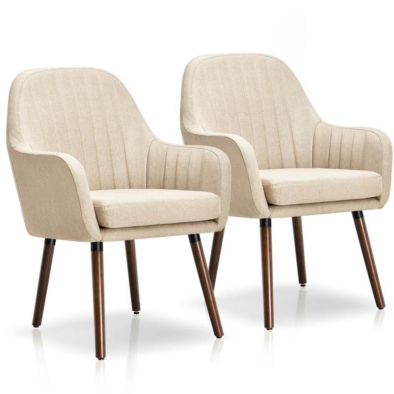 Set of 2 Fabric Dining Chairs, Accent Upholstered Arm Chair with Rubber Wood Legs & Thick Sponge Seat for Dining Room, Living Room, Bedroom