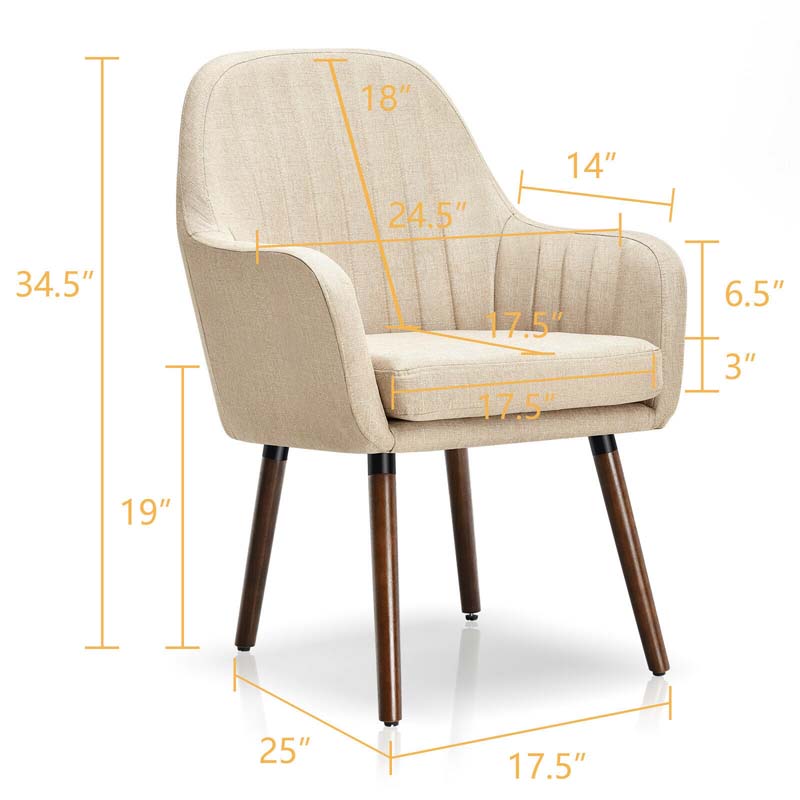 Set of 2 Fabric Dining Chairs, Accent Upholstered Arm Chair with Rubber Wood Legs & Thick Sponge Seat for Dining Room, Living Room, Bedroom