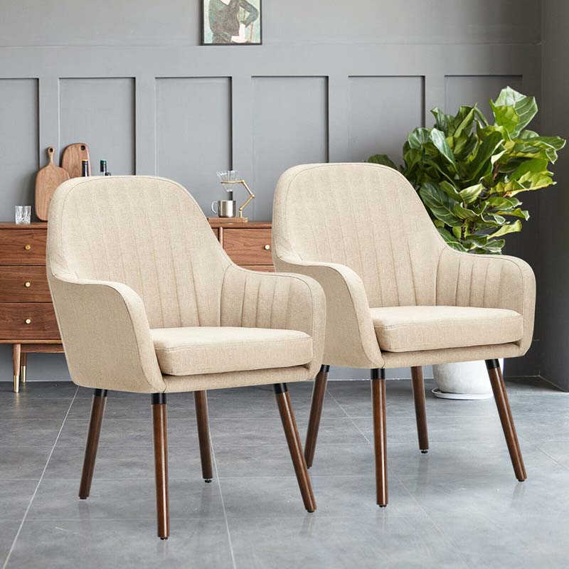 Set of 2 Fabric Dining Chairs, Accent Upholstered Arm Chair with Rubber Wood Legs & Thick Sponge Seat for Dining Room, Living Room, Bedroom