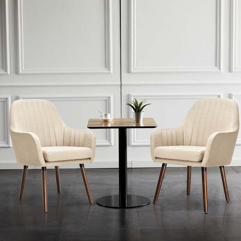 Set of 2 Fabric Dining Chairs, Accent Upholstered Arm Chair with Rubber Wood Legs & Thick Sponge Seat for Dining Room, Living Room, Bedroom