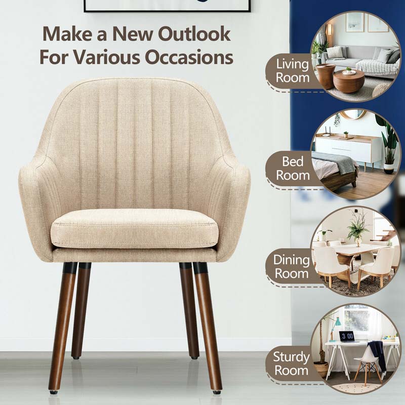 Set of 2 Fabric Dining Chairs, Accent Upholstered Arm Chair with Rubber Wood Legs & Thick Sponge Seat for Dining Room, Living Room, Bedroom