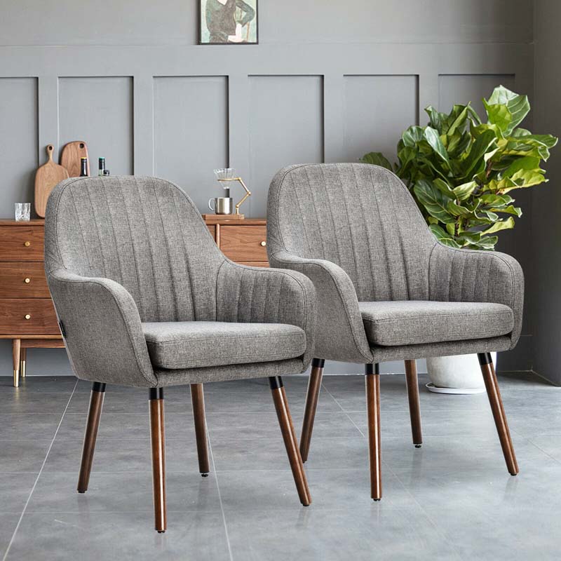 Set of 2 Fabric Dining Chairs, Accent Upholstered Arm Chair with Rubber Wood Legs & Thick Sponge Seat for Dining Room, Living Room, Bedroom