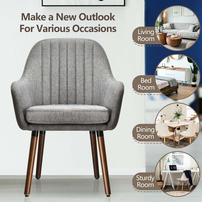 Set of 2 Fabric Dining Chairs, Accent Upholstered Arm Chair with Rubber Wood Legs & Thick Sponge Seat for Dining Room, Living Room, Bedroom
