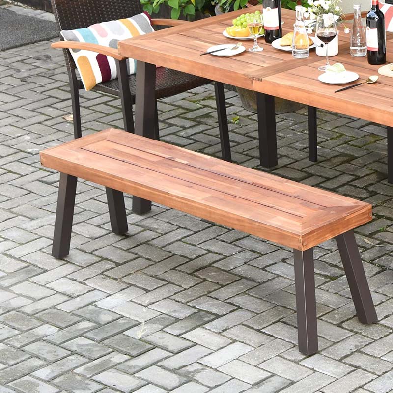 Set of 2 Rustic Acacia Wood Bench with Metal Legs, Indoor & Outdoor Dining Bench Patio Picnic Bench