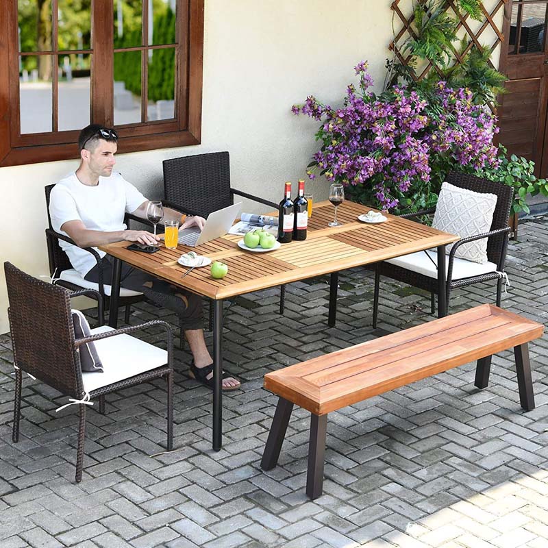 Set of 2 Rustic Acacia Wood Bench with Metal Legs, Indoor & Outdoor Dining Bench Patio Picnic Bench