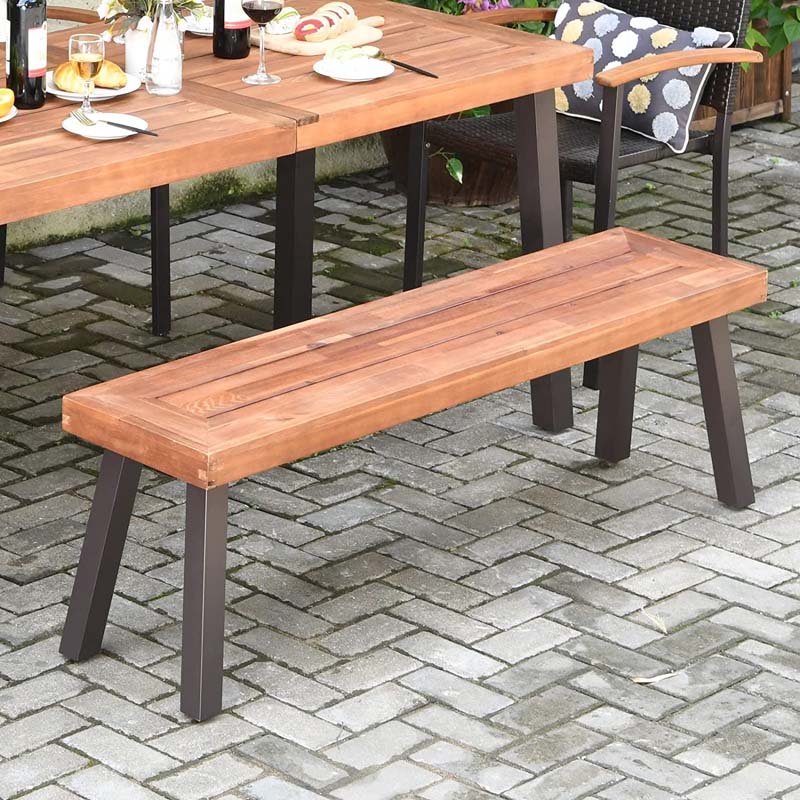 Set of 2 Rustic Acacia Wood Bench with Metal Legs, Indoor & Outdoor Dining Bench Patio Picnic Bench