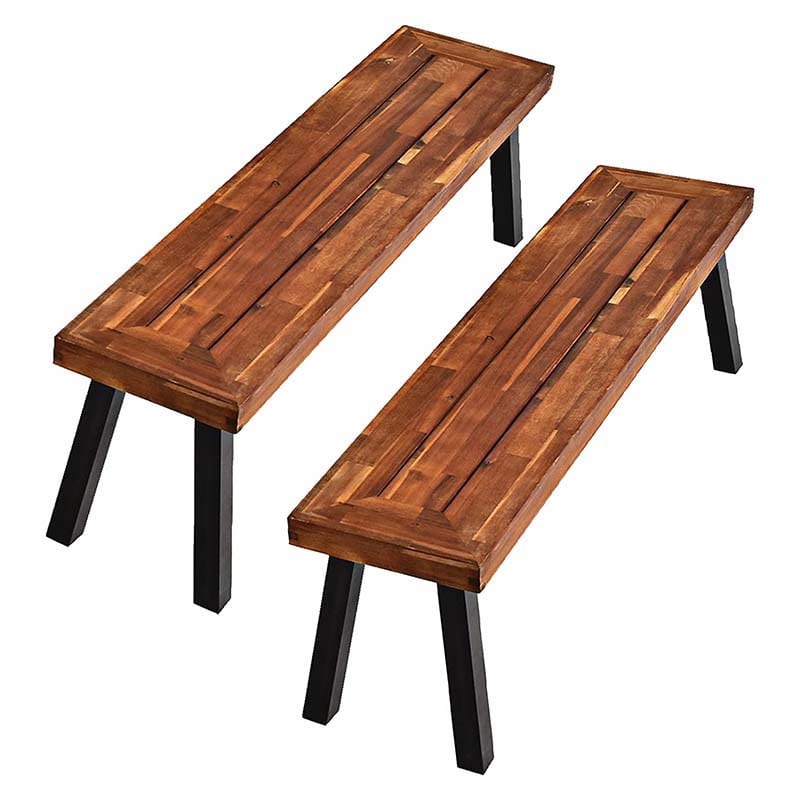 Set of 2 Rustic Acacia Wood Bench with Metal Legs, Indoor & Outdoor Dining Bench Patio Picnic Bench