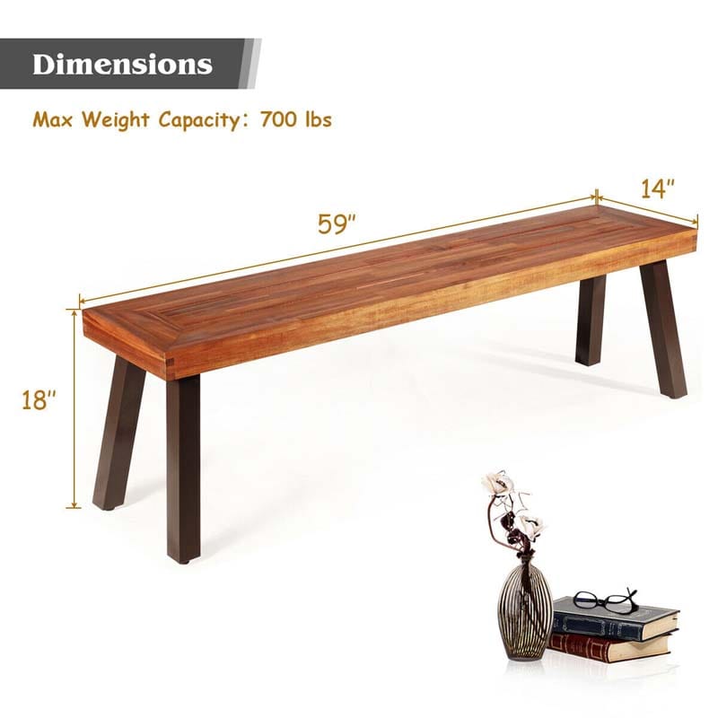 Set of 2 Rustic Acacia Wood Bench with Metal Legs, Indoor & Outdoor Dining Bench Patio Picnic Bench
