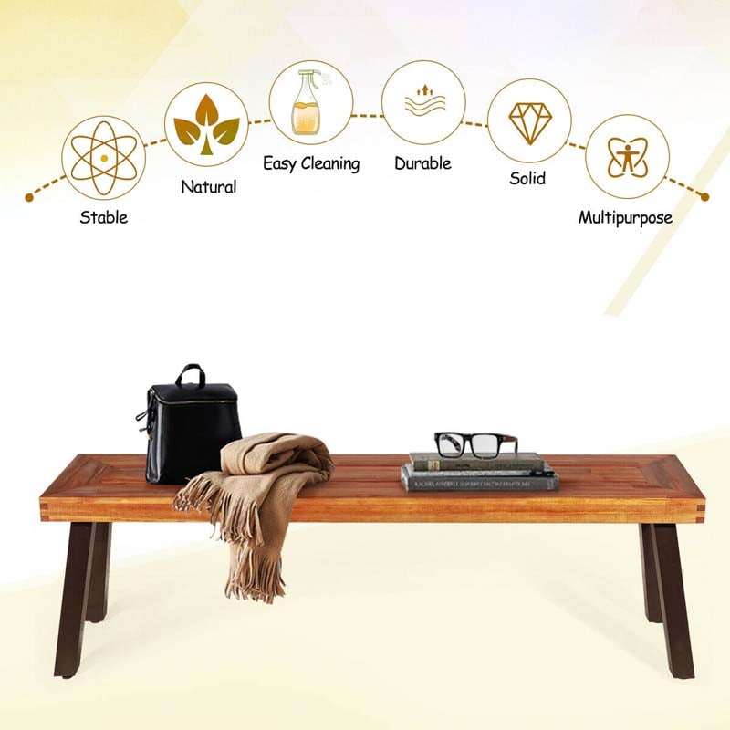 Set of 2 Rustic Acacia Wood Bench with Metal Legs, Indoor & Outdoor Dining Bench Patio Picnic Bench