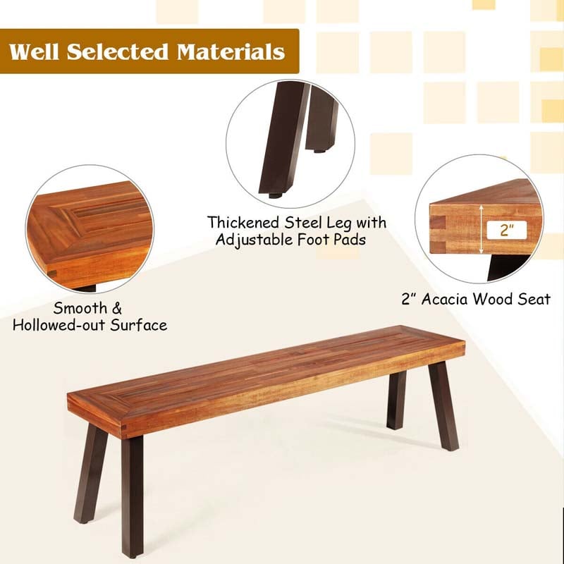 Set of 2 Rustic Acacia Wood Bench with Metal Legs, Indoor & Outdoor Dining Bench Patio Picnic Bench