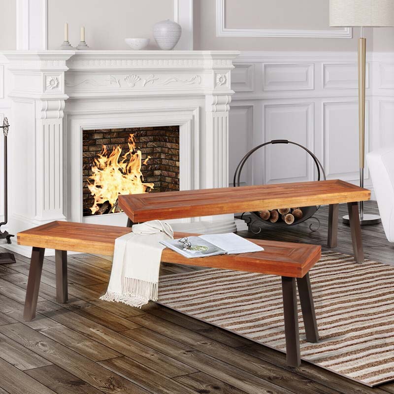 Set of 2 Rustic Acacia Wood Bench with Metal Legs, Indoor & Outdoor Dining Bench Patio Picnic Bench