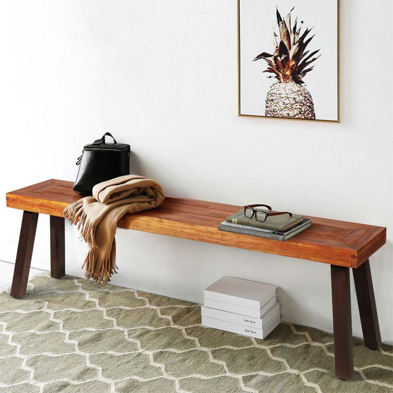 Set of 2 Rustic Acacia Wood Bench with Metal Legs, Indoor & Outdoor Dining Bench Patio Picnic Bench