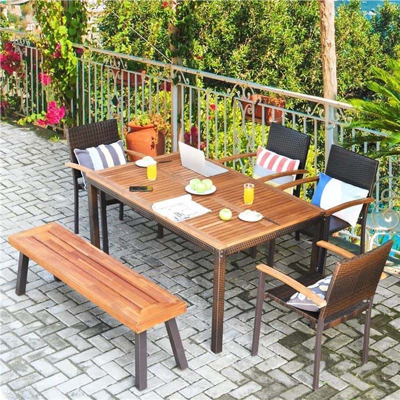 Set of 2 Rustic Acacia Wood Bench with Metal Legs, Indoor & Outdoor Dining Bench Patio Picnic Bench
