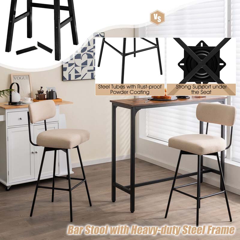 Swivel Bar Stools Set of 2, 29" Upholstered Bar Height Chairs with Back, Footrest & Metal Frame for Kitchen Island, Dining Room, Home Bar