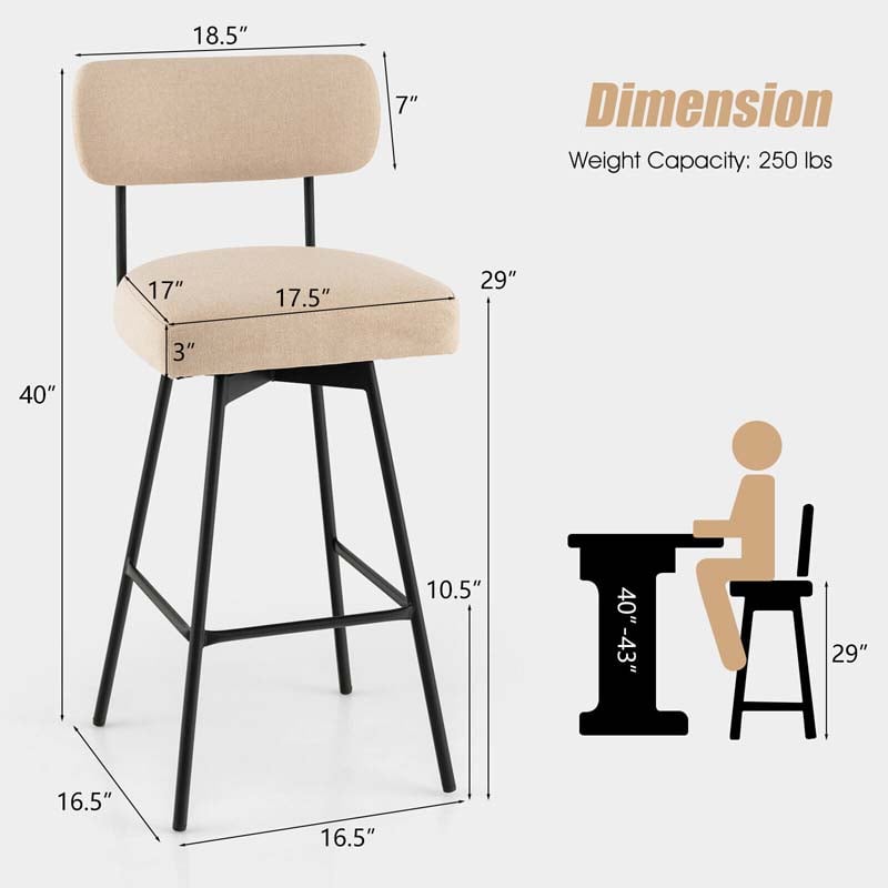 Swivel Bar Stools Set of 2, 29" Upholstered Bar Height Chairs with Back, Footrest & Metal Frame for Kitchen Island, Dining Room, Home Bar