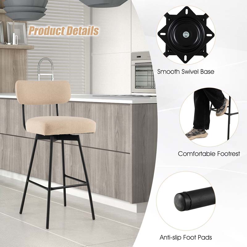 Swivel Bar Stools Set of 2, 29" Upholstered Bar Height Chairs with Back, Footrest & Metal Frame for Kitchen Island, Dining Room, Home Bar