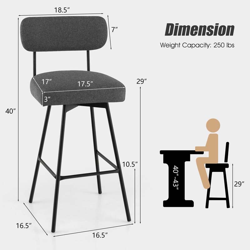 Swivel Bar Stools Set of 2, 29" Upholstered Bar Height Chairs with Back, Footrest & Metal Frame for Kitchen Island, Dining Room, Home Bar