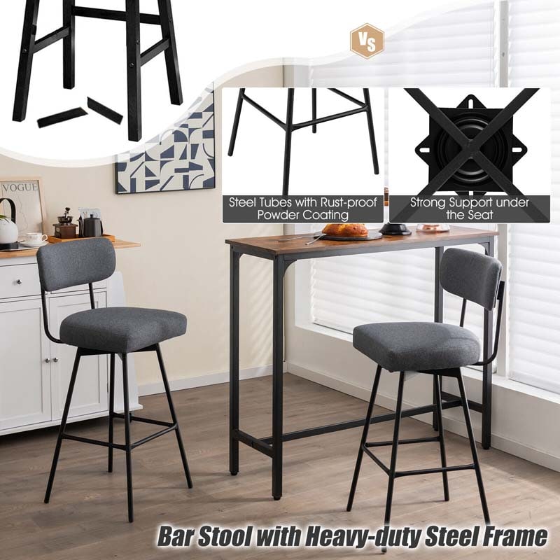 Swivel Bar Stools Set of 2, 29" Upholstered Bar Height Chairs with Back, Footrest & Metal Frame for Kitchen Island, Dining Room, Home Bar